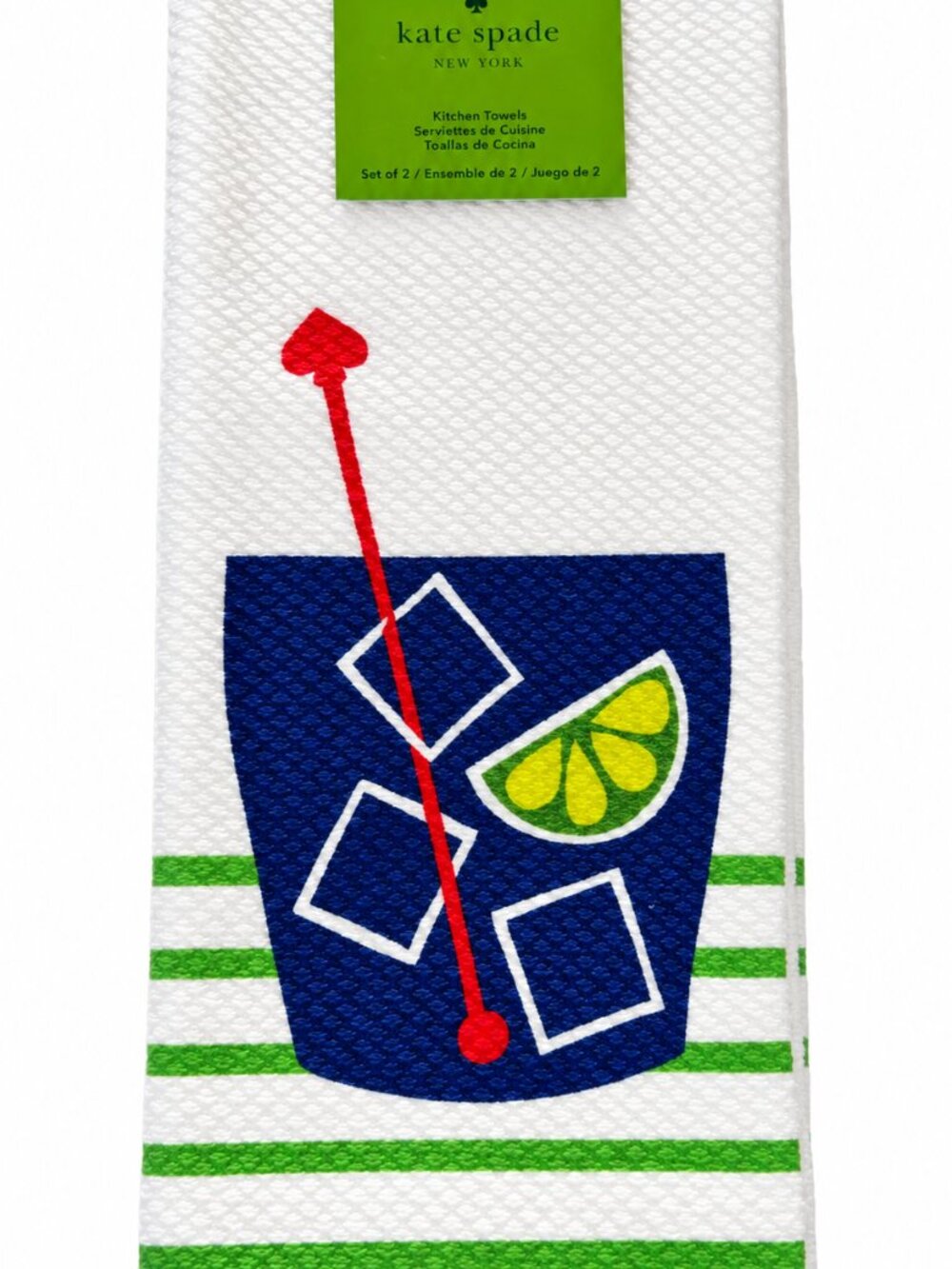 Kate Spade Kitchen Dish Towels Drinks Cocktails Martinis Cotton White Set of 2